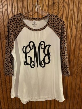 Women’s Cream Raglan Top with Leopard Print Sleeves and Monogram
